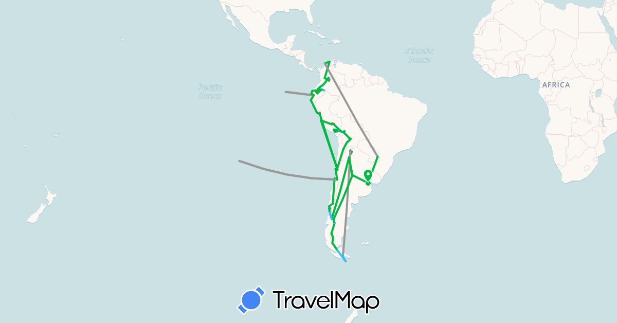 TravelMap itinerary: driving, bus, plane, cycling, hiking, boat in Argentina, Bolivia, Chile, Colombia, Ecuador, Peru (South America)